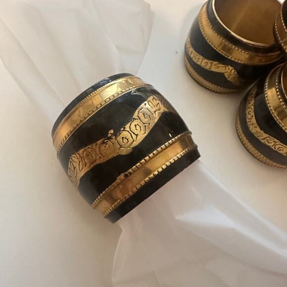 Moody Hollywood Regency Black Enamel Etched Brass Barrel Napkin Rings SET of 8 - Picture 2 of 13